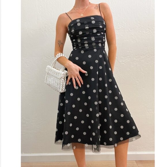 Vintage Dresses & Skirts - Vintage 90s/Y2K Eliza J Black Polka Dot Ruched Chiffon Fit Flare Midi Dress